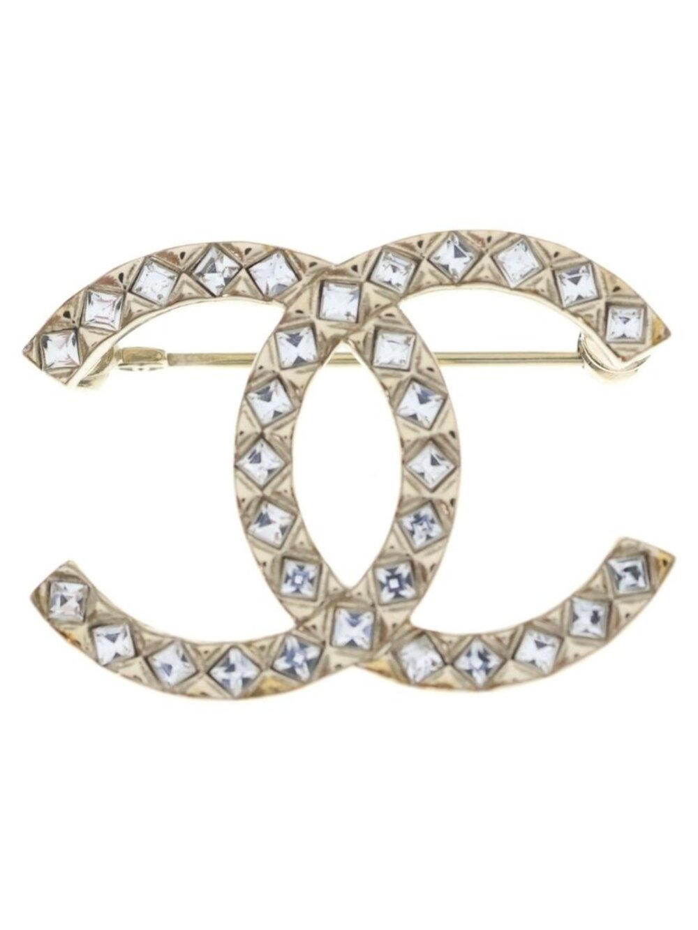 Chanel CC Logo Brooch Pin Badge Rhinestone Gold